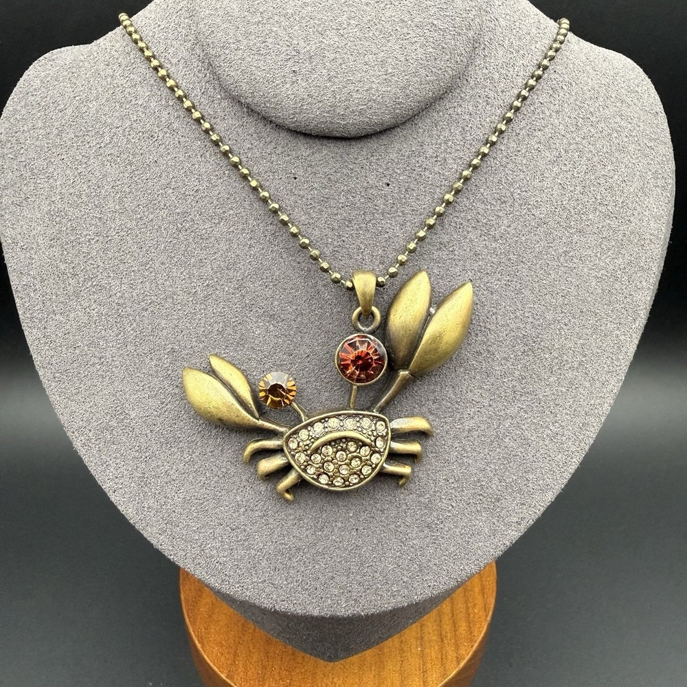Gold Tone Rhinestone Crab Pendant Statement Necklace Cancer Zodiac Beach Vaca
